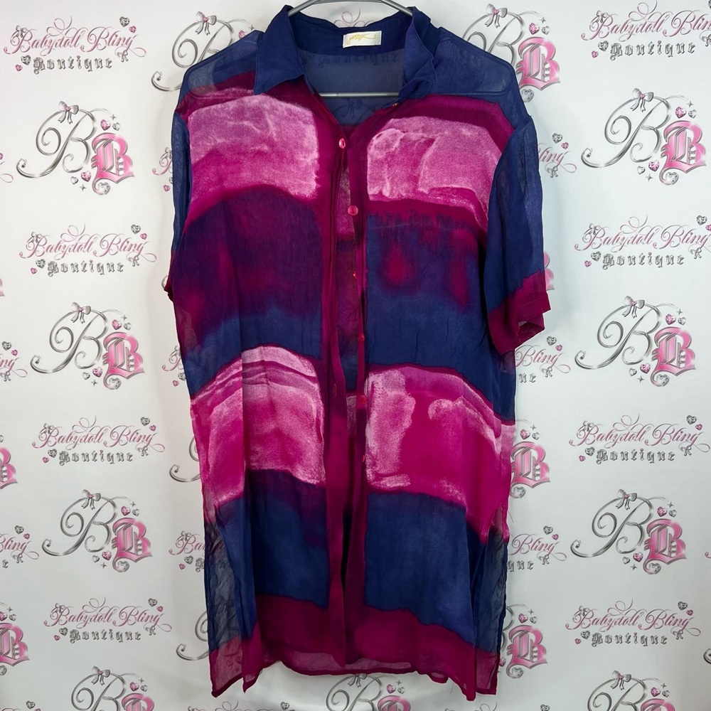 Gottex long shirt or mini dress abstract Pink and Blue Sheer Button-Up cover up